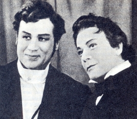 Sergey Yakovlevich Lemeshev and Georg Karlovich Ots in the play "Eugene Onegin" by the Bolshoi Theater of the USSR, music. P.I. Tchaikovsky. 1964 Photo. (            " ", . .. . 1964 . .) (Belyaev)