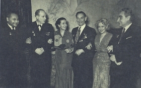 From left to right: Lev Sverdlin, Ivan Kozlovsky, Tamara Makarova, Vsevolod Pudovkin, Lyubov Orlova, Grigory Alexandrov. 1954 year. The photo. ( :  ,  ,  ,  ,  ,  . 1954 . .) (Belyaev)