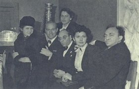 Seeing I. Menukhin. From left to right: S. Mikhoels, G. Sergeeva, I. Menukhin, I. Kozlovsky. TsDSR, December 1945. The photo. ( . .  : . , . , . , . . ,  1945 .  .) (Belyaev)
